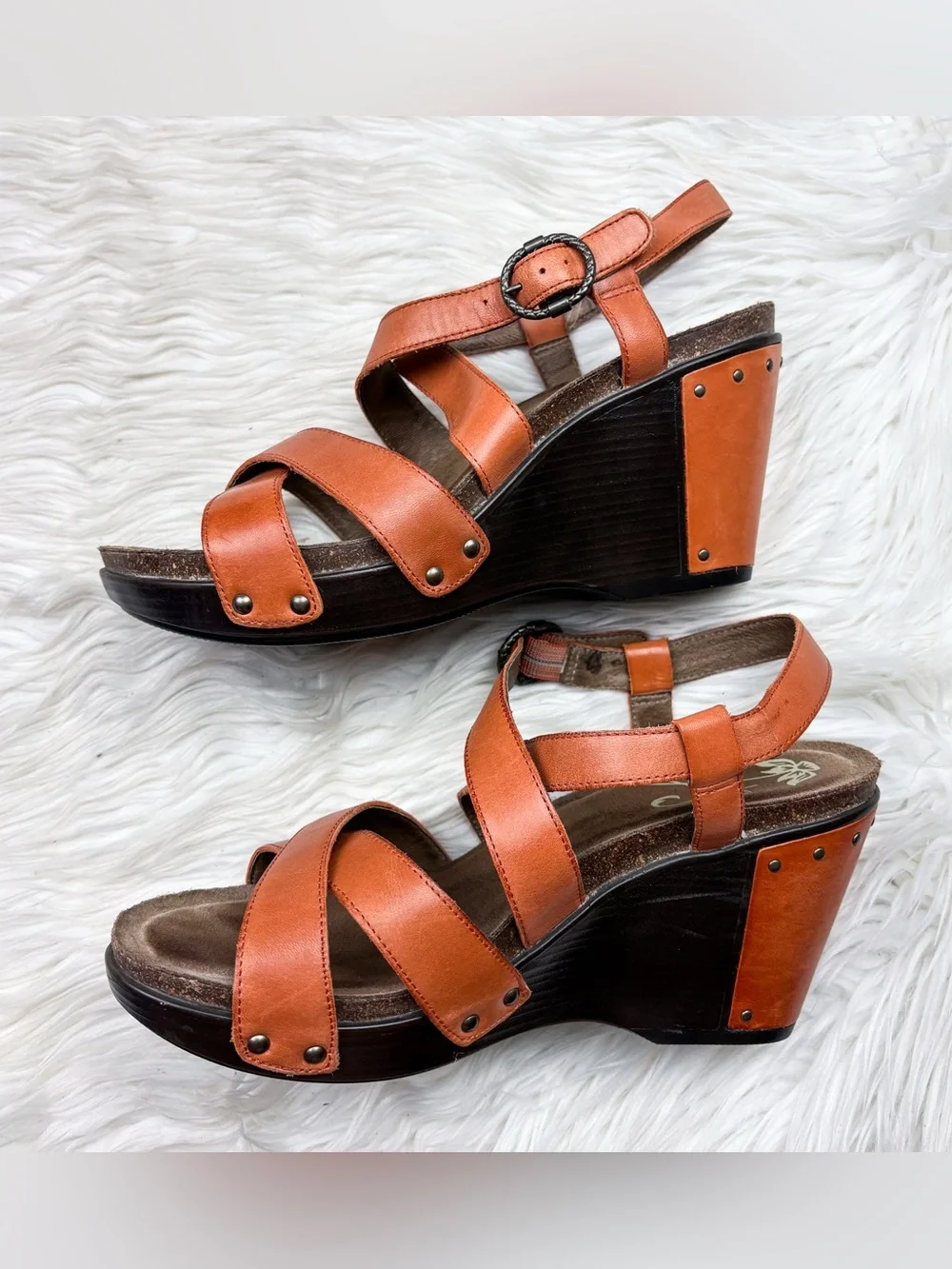 Dansko Frida Wedge Sandal Orange Leather Heel Size 39 Orthopedic Arch Support